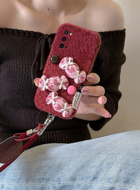 ins风彩豆糖果适用三星a90手机壳a80挂件a70s皮绳a50毛绒a30秋冬季a20毛茸茸a10红色a52软a8s/galaxy/a53/f52