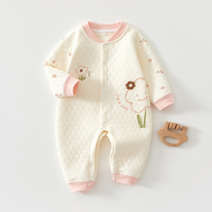 婴儿夹棉连体衣冬季宝宝哈衣爬服薄棉衣服纯棉女宝秋冬装加厚保暖