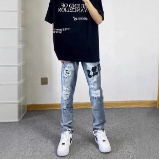 贴标破洞牛仔裤男夏季高街欧美网红同款显瘦学生宽松水洗小脚裤子