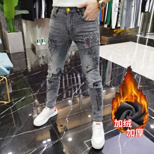 欧洲站男士加绒加厚牛仔裤潮牌虎头烫钻印花个性时尚修身小脚裤子