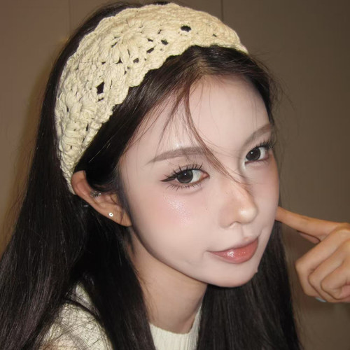 粥可可甜美手工编织发带女款镂空花朵针织发箍复古宽边洗脸束发带