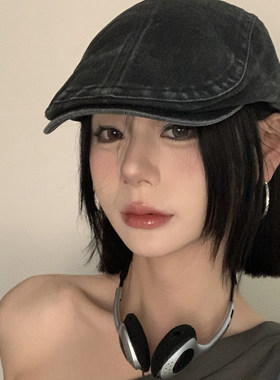 韩国ins小众设计感~水洗牛仔前进帽子女春秋做旧款复古辣妹报童帽