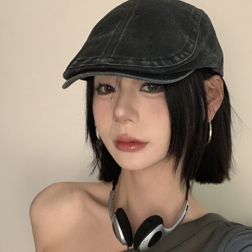 韩国ins小众设计感~水洗牛仔前进帽子女春秋做旧款复古辣妹报童帽