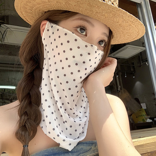 ins韩系波点遮阳面纱女夏季骑行开车防紫外线护颈防晒面罩口罩
