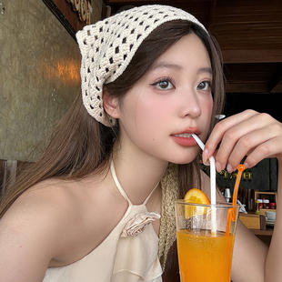 粥可可 田园风手工针织镂空头巾三角巾夏季海边配饰出游拍照头饰