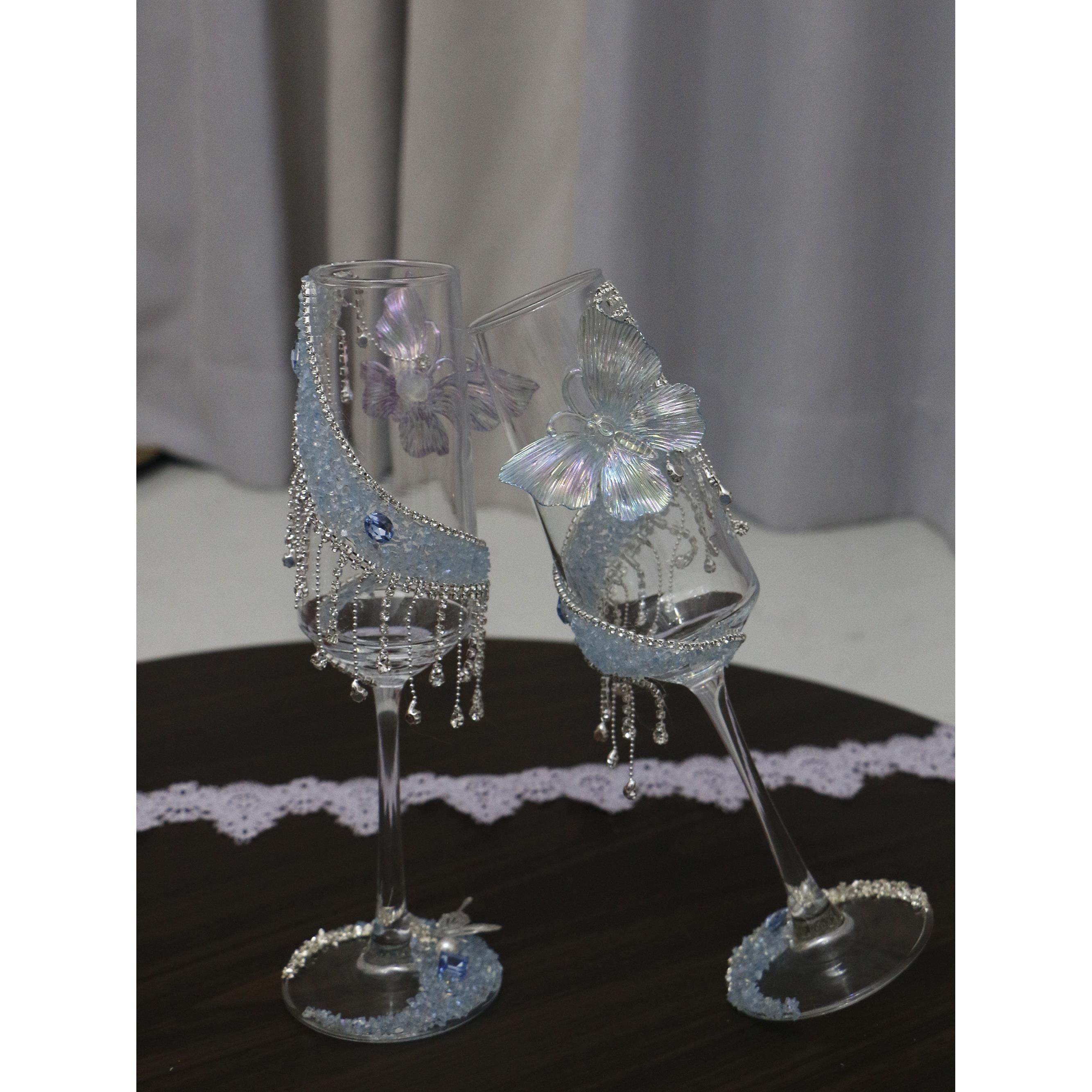 蓝色银河杯香槟杯创意婚礼敬酒杯水钻流苏结婚礼物送闺蜜diy材料