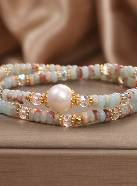 天然彩色寿山石珍珠串珠手链女国风轻奢小众精致双圈叠戴水晶手串