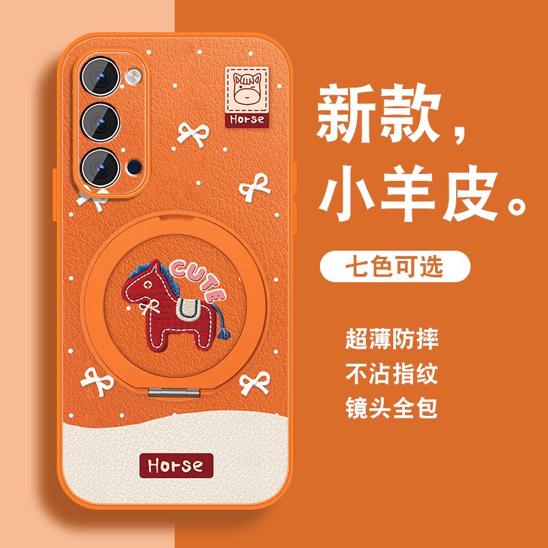 适用opporeno4手机壳女Reno3pro新款磁吸旋转支架Reno4se可爱小众reno3马年红色元气版带挂绳0pp0全包保护外