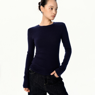 LEpure藏蓝色圆领长袖针织衫女秋季套头内搭修身极简风上衣休闲