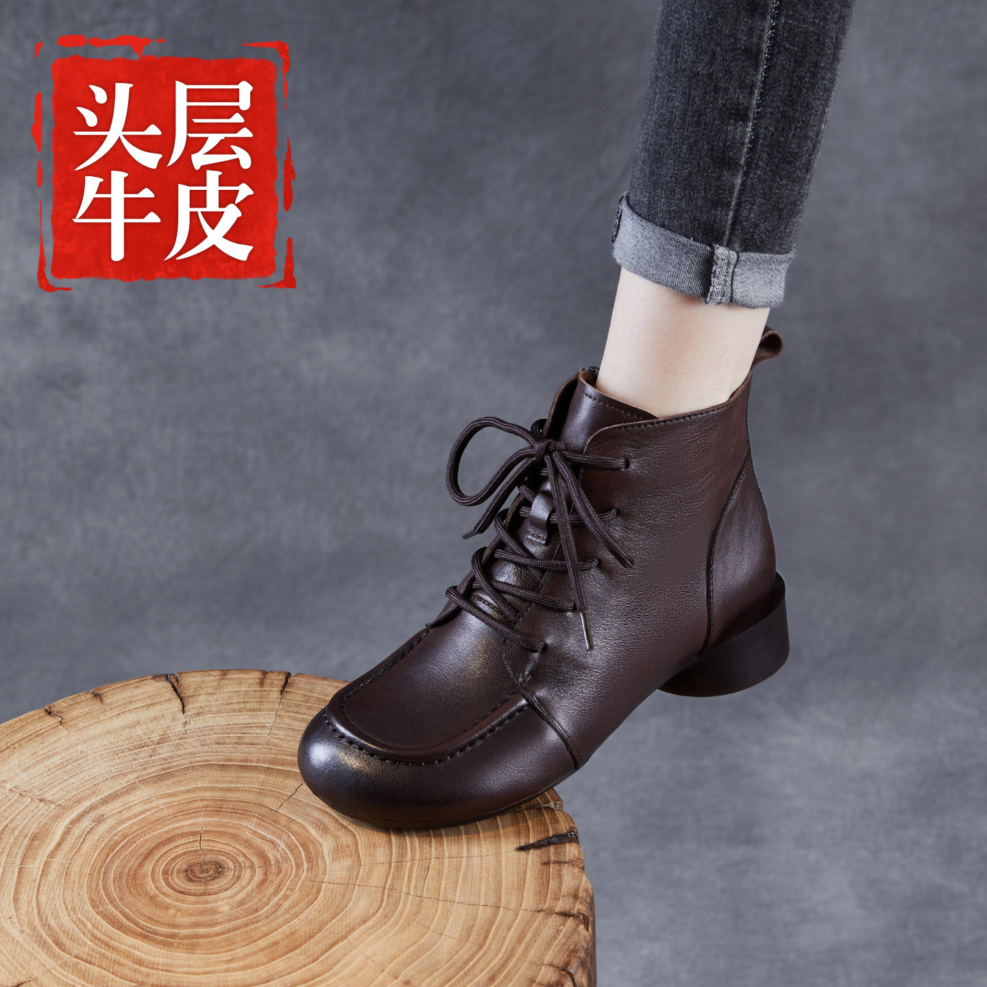 真皮短靴女加绒新款冬季短款复古黑色牛筋软底女靴子保暖牛皮棉靴