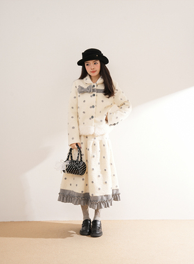 芋泥布蕾 冬季新款蝴蝶结波点毛呢外套波点拼接长裙女两件套