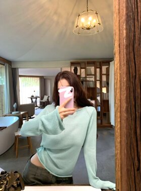 韩系卷边长袖大U领针织衫女秋季慵懒套头喇叭袖宽松百搭慵懒上衣