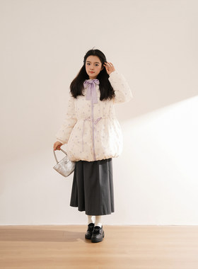 【紫芋丁香】甜美风碎花中长款棉服小个子冬季保暖清新抽绳外套女