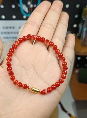 4074-精挑卡5+天然红海鲜（日料卡卡）手串，14K包金17.5cm证书