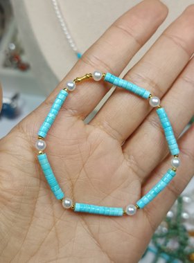 3531-18K卡3+天然精工原矿BABY天空蓝绿松手链，15.5cm