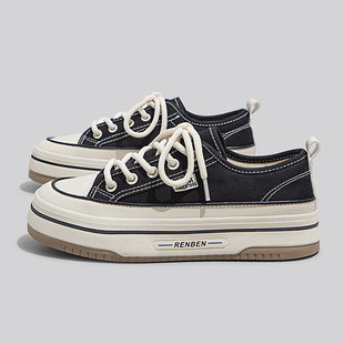 人本厚底帆布鞋女款2026新款春季黑色板鞋软底女士时尚增高布鞋女