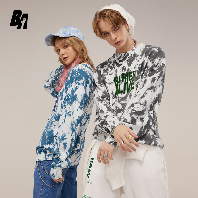 BA百搭圆领印花长袖美式潮流休闲宽松毛衣