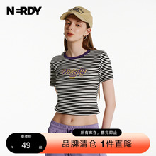 NERDY2024夏装新款女士甜辣露脐撞色条纹辣妹短袖T恤内搭修身上衣