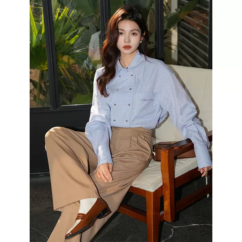 EICON SPACE休闲条纹双排扣衬衫/高腰直筒裤长裤子