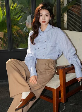 EICON SPACE休闲条纹双排扣衬衫/高腰直筒裤长裤子