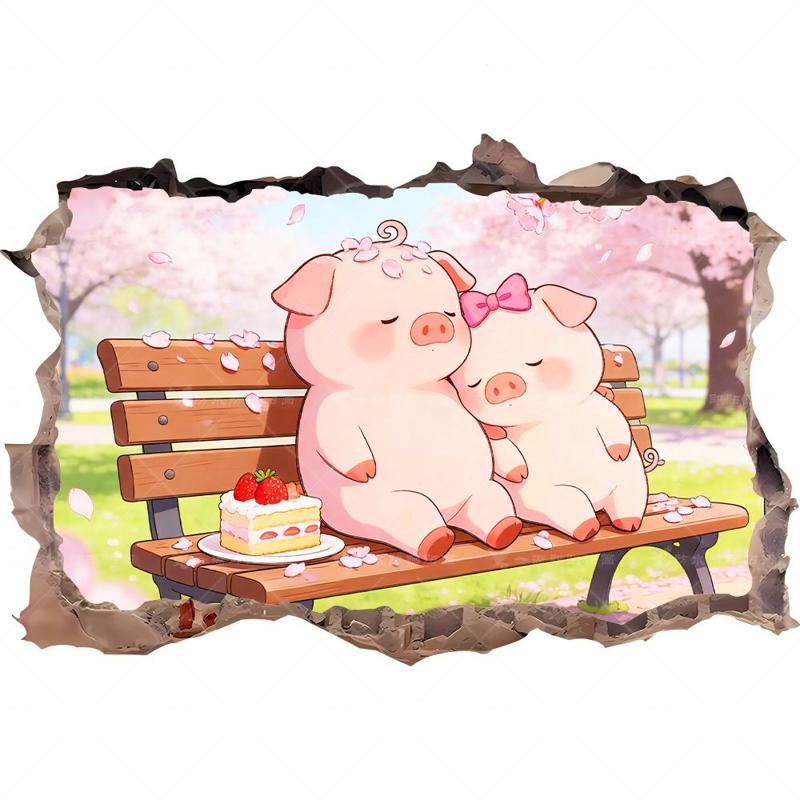 3D立体视觉两只小猪冰箱贴纸可爱防水瓷砖贴门贴画车贴花