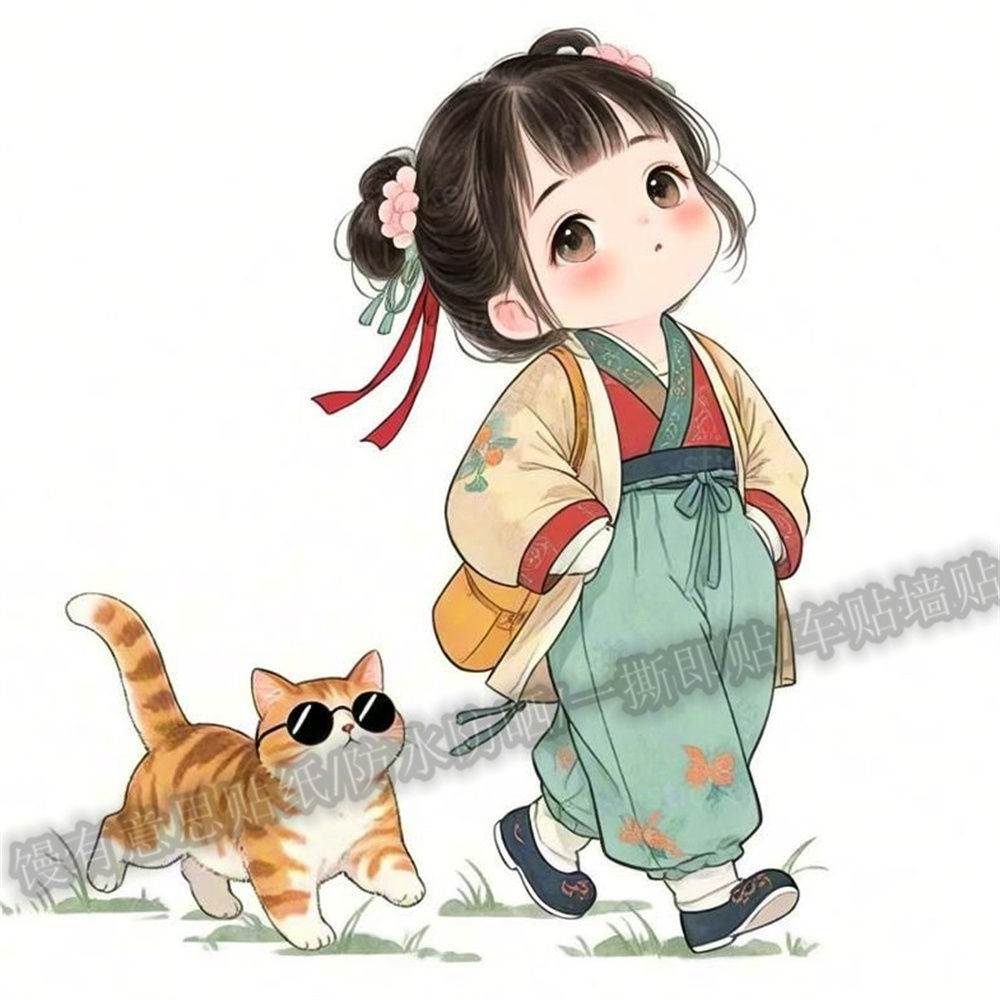 治愈系女孩猫咪贴纸电动车汽车遮瑕防水贴画墙上门窗可爱贴纸自粘