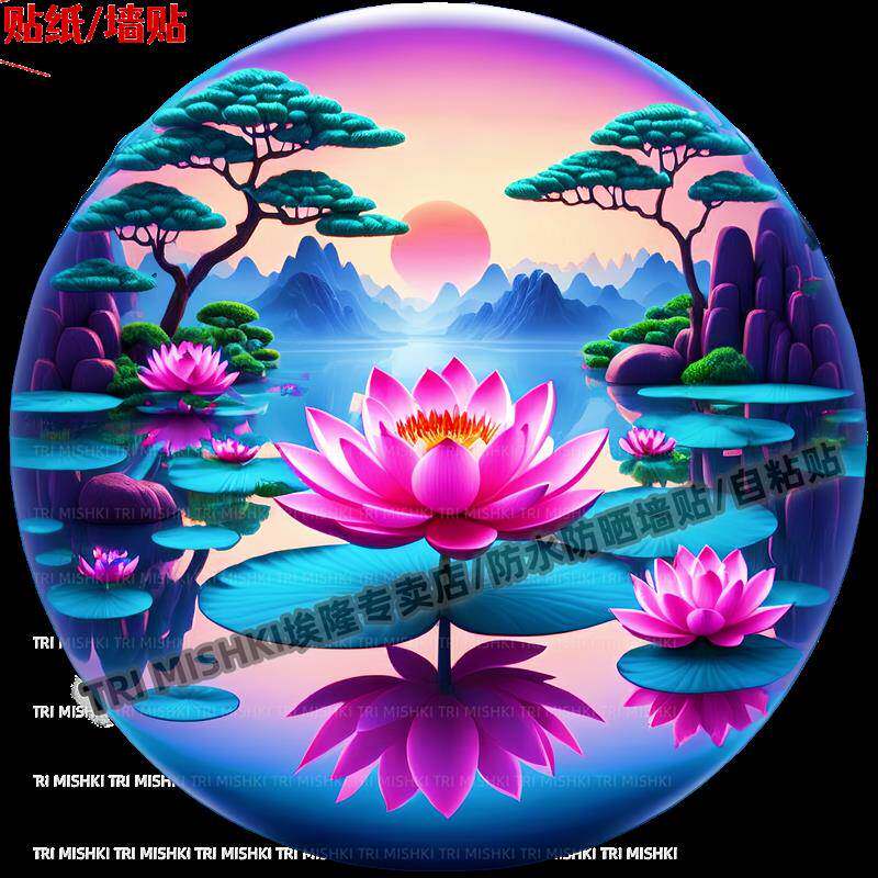 新款圆形荷花风景贴纸纸摩托车电动车贴纸冰箱马桶防水贴电脑贴