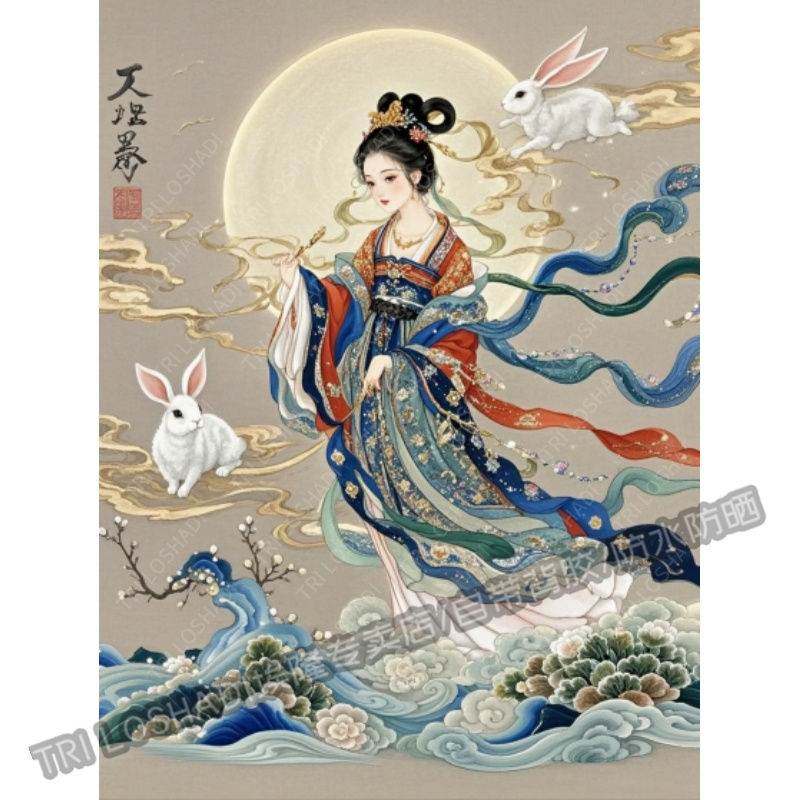 嫦娥奔月海报新中式装饰墙贴客厅房间墙面仙女玉兔自粘贴画中国风