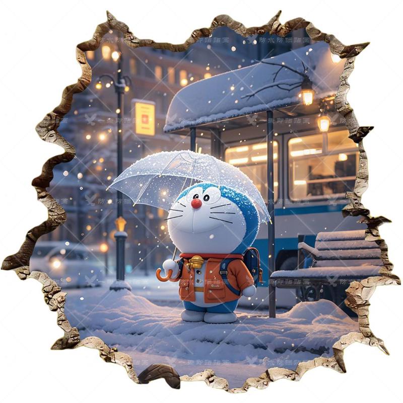3D立体视觉破洞墙贴画哆啦A梦雪夜里的等候防水自粘贴纸电动车贴
