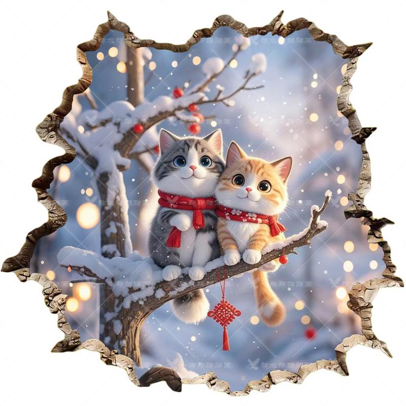 3D立体视觉冬雪猫咪汽车贴纸遮丑墙贴画防水冰箱门贴墙旅行箱贴花
