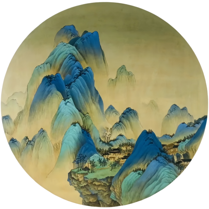 古风山水圆形贴纸千里江山图片书房茶室卧室内装饰自粘贴画防水