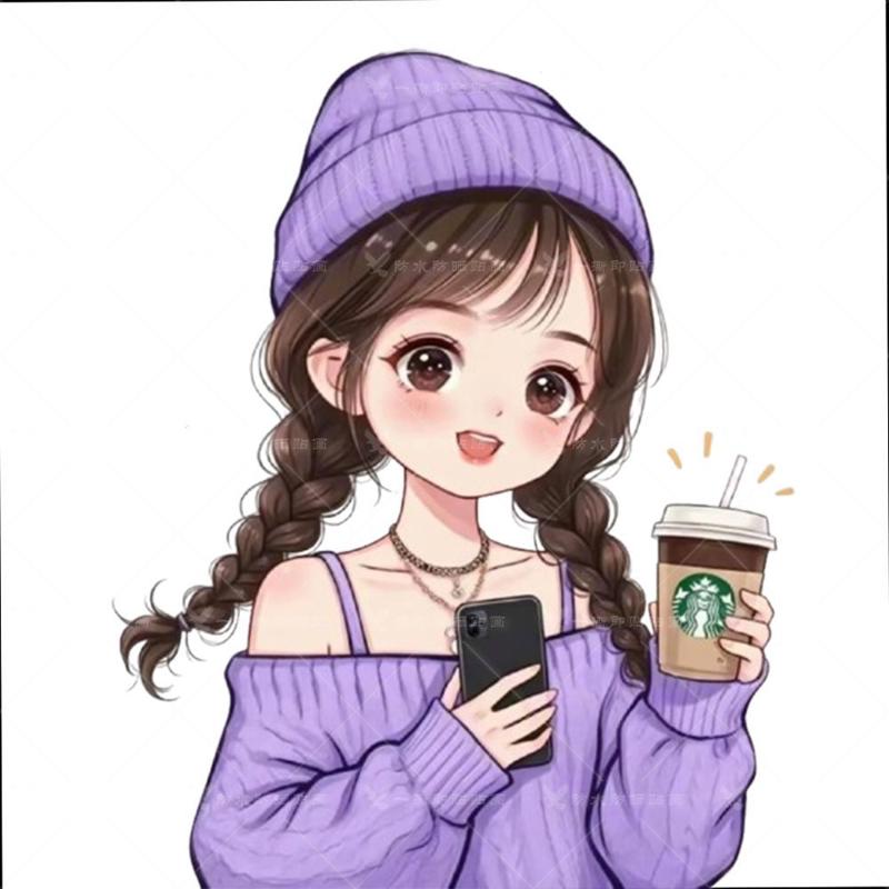 可爱呆萌紫色系女孩自粘贴纸甜美女生贴画冰箱贴防水电动车贴门贴