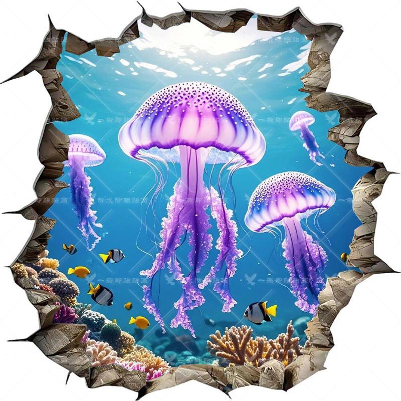 3D视觉海底世界墙贴画破洞奇幻动物儿童房装饰贴纸防水壁纸画