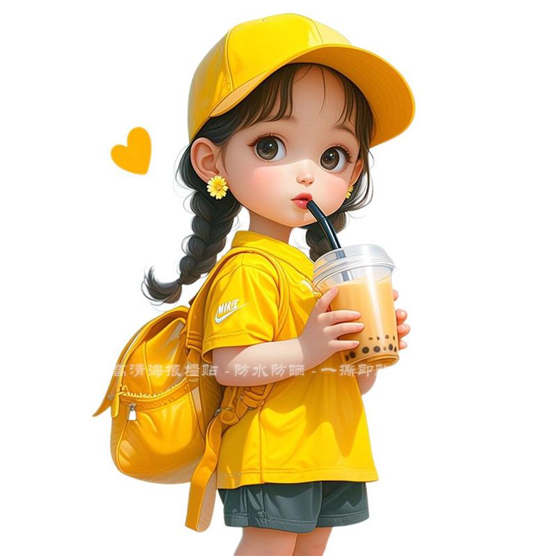 可爱喝茶的小女孩墙上海报墙贴客厅儿童房卡通贴画防水贴画车贴