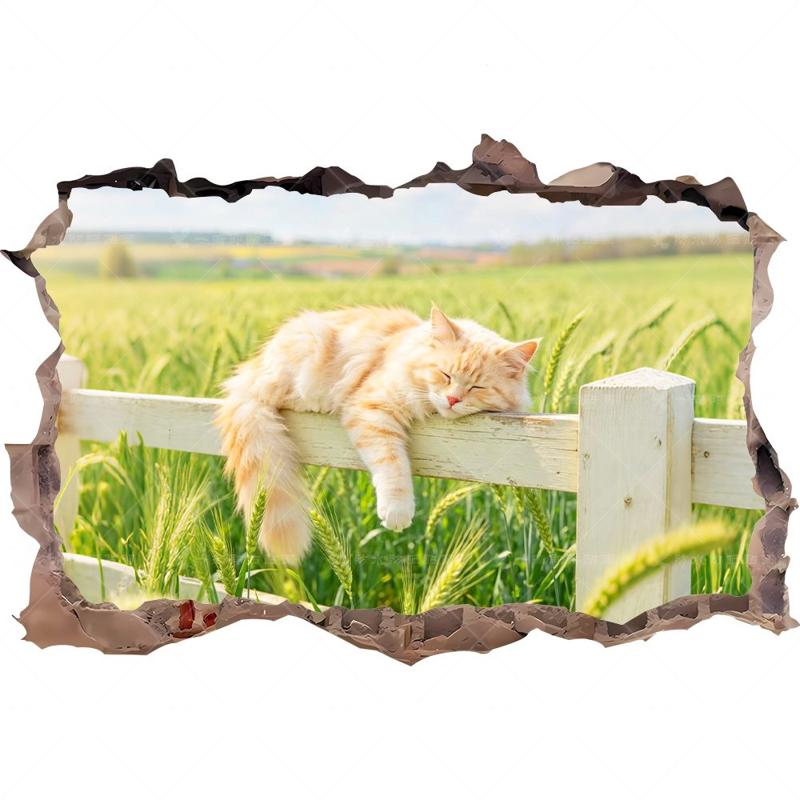 3D破墙田园麦田睡橘猫自粘瓷砖贴防水贴纸儿童房卧室装饰贴冰箱贴