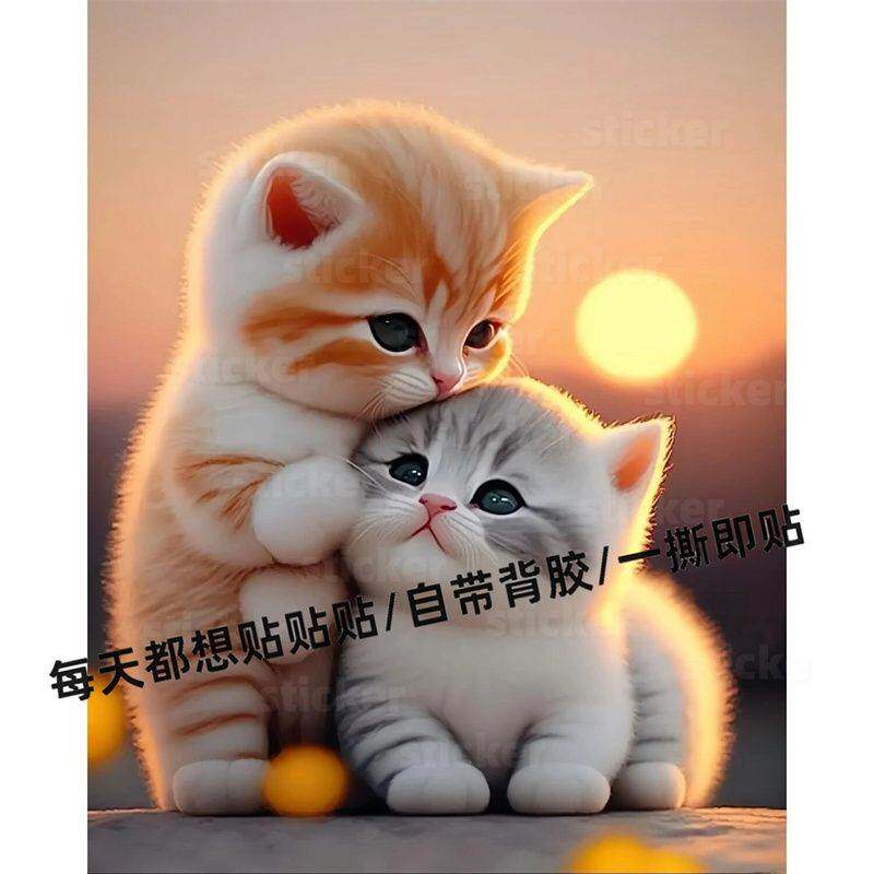 治愈可爱两小只猫咪贴纸墙面遮丑家居装饰贴画冰箱马桶防水贴纸画