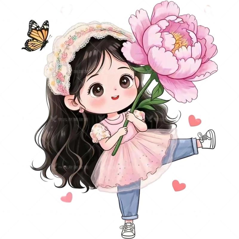 抱牡丹蝴蝶甜美女孩墙贴画自粘贴纸儿童房装饰贴防水电动车贴