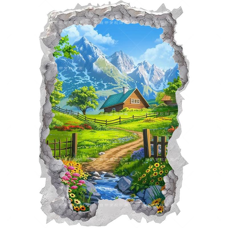 3D破墙风山间小屋风景墙贴画划痕遮挡贴纸卧室客厅冰箱门贴花
