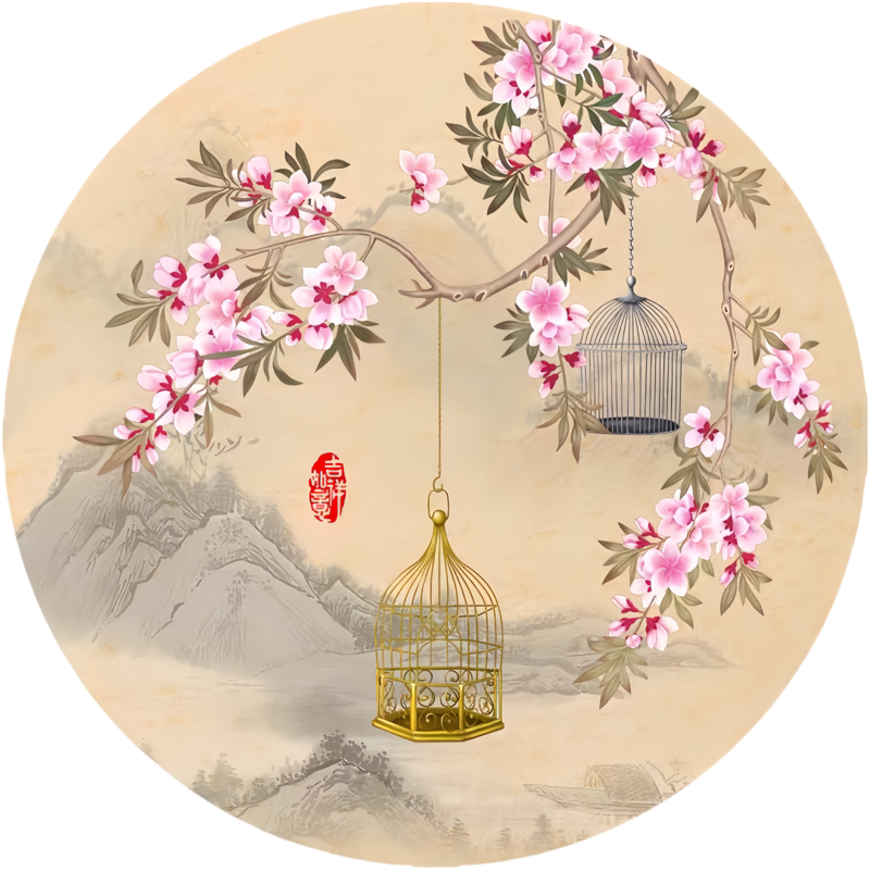 新中式圆形禅意花鸟墙贴纸客厅卧室内书房装饰自粘贴画中国风防水