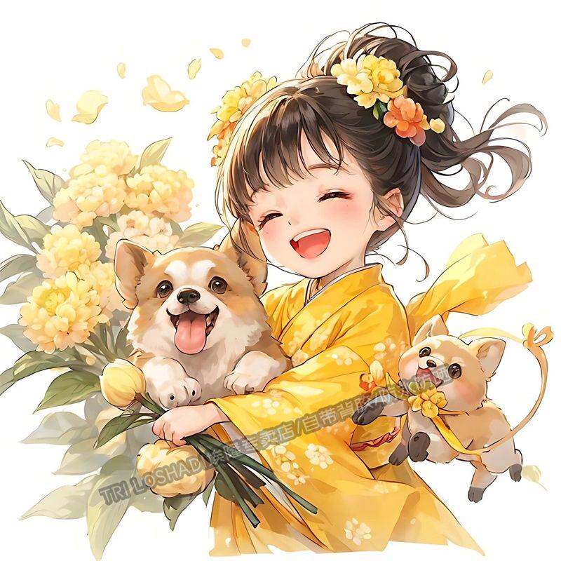 治愈系爱笑女孩和狗狗可爱贴花墙上门窗冰箱装饰贴花车身遮瑕贴纸