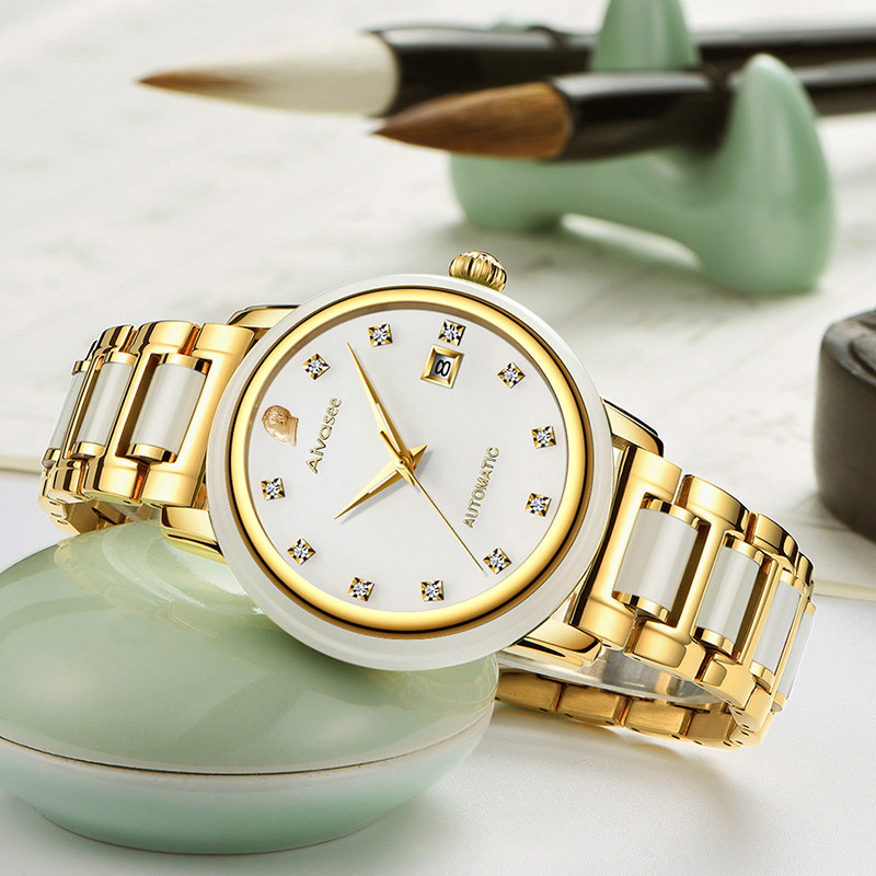 艾华仕瑞士机芯手表男款翡翠玉石机械表金表男女士情侣表男表女表