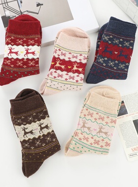 欧美圣诞节袜子女士中筒袜可爱复古金丝麋鹿毛圈袜加厚睡眠袜子