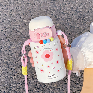 高颜值密码锁保温杯女生316不锈钢水杯学生便携儿童吸管指纹杯子