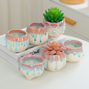 流釉多肉花盆陶瓷粗陶多肉专用盆控根透气小号桌面粉色小花盆托盘