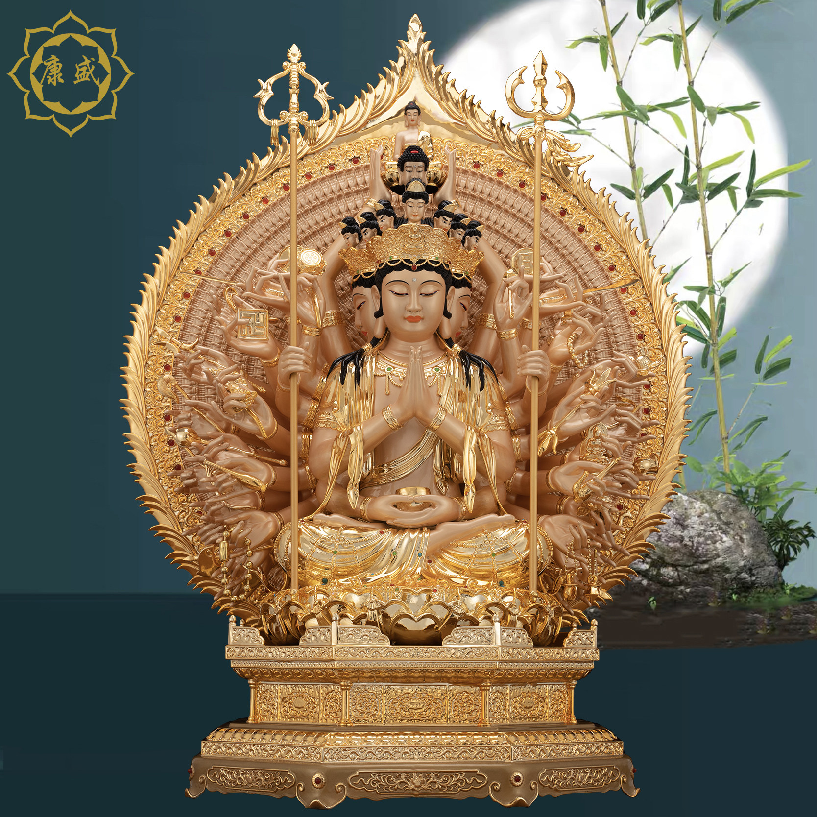 千手观音铜像台湾铜鎏金镶宝居家寺庙供奉千手千眼观世音佛像摆件