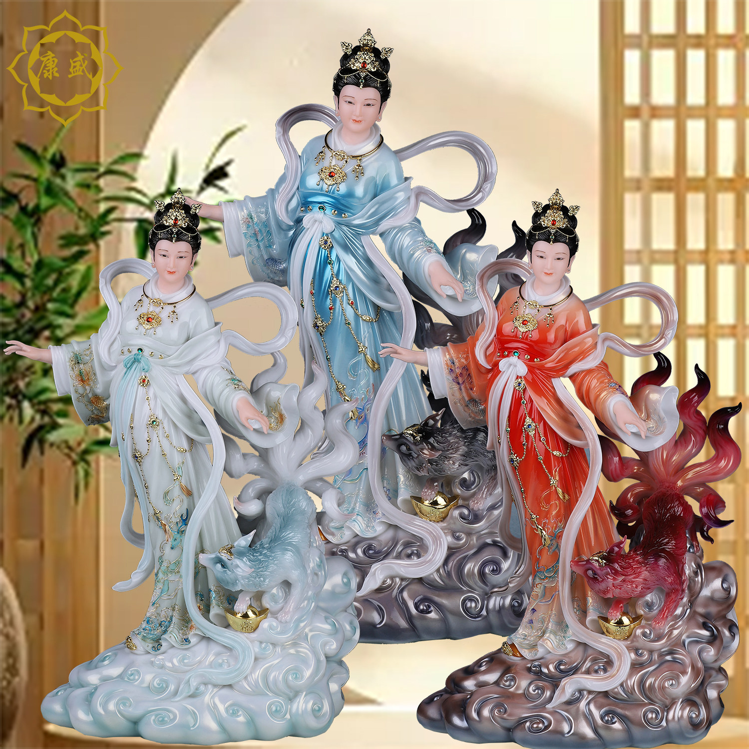 九尾狐娘娘神像汉白玉九姑娘站青丘涂山女狐真身像中式供奉摆件