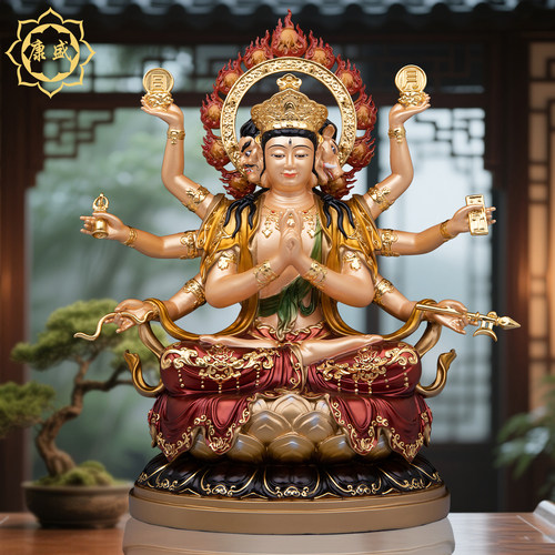 斗姆神像铜雕贴金斗姥斗姆元君佛像北斗众星之母黄铜古彩供奉摆件