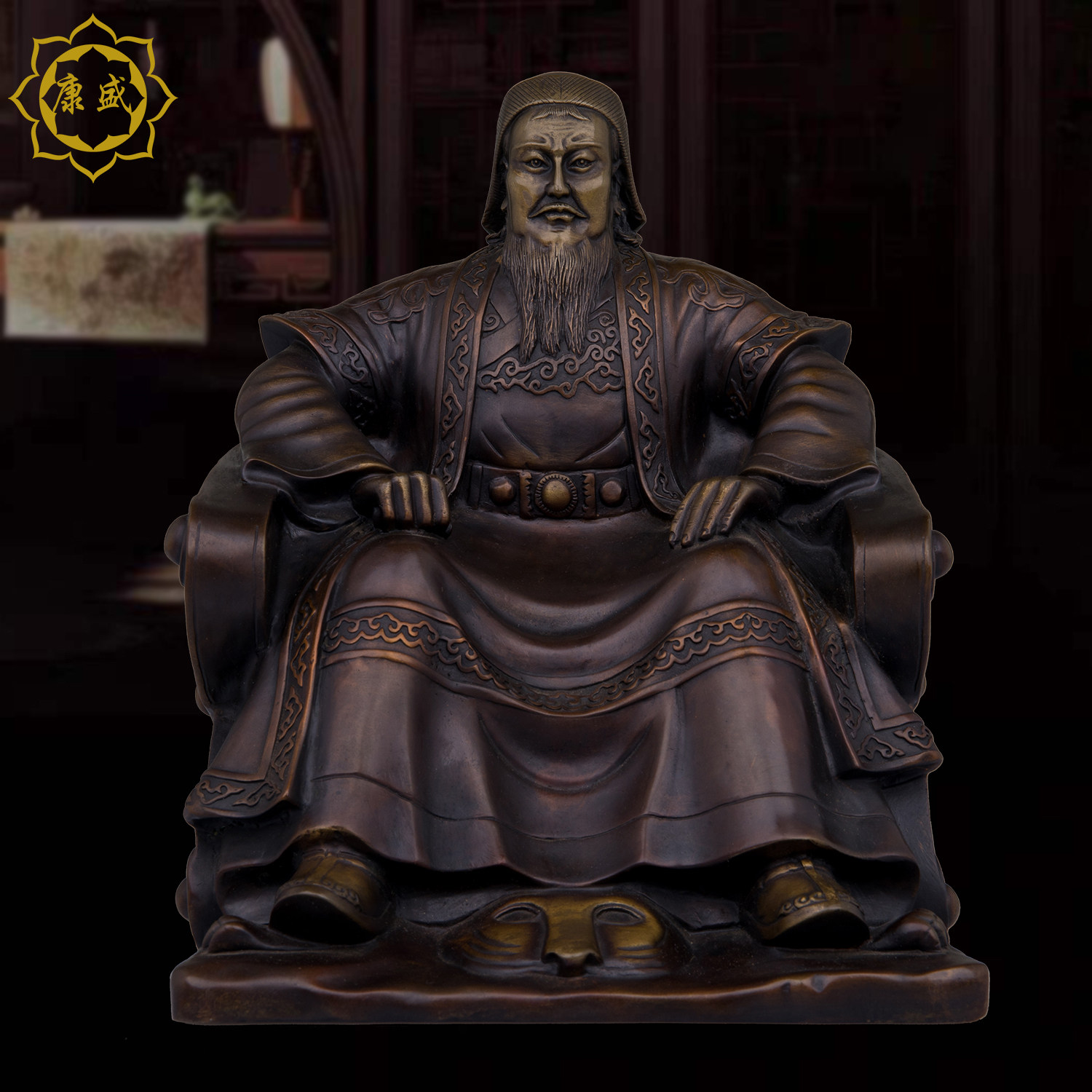 成吉思汗坐像摆件铜铸英雄人物蒙古可汗铁木真铜雕像客厅桌面摆件