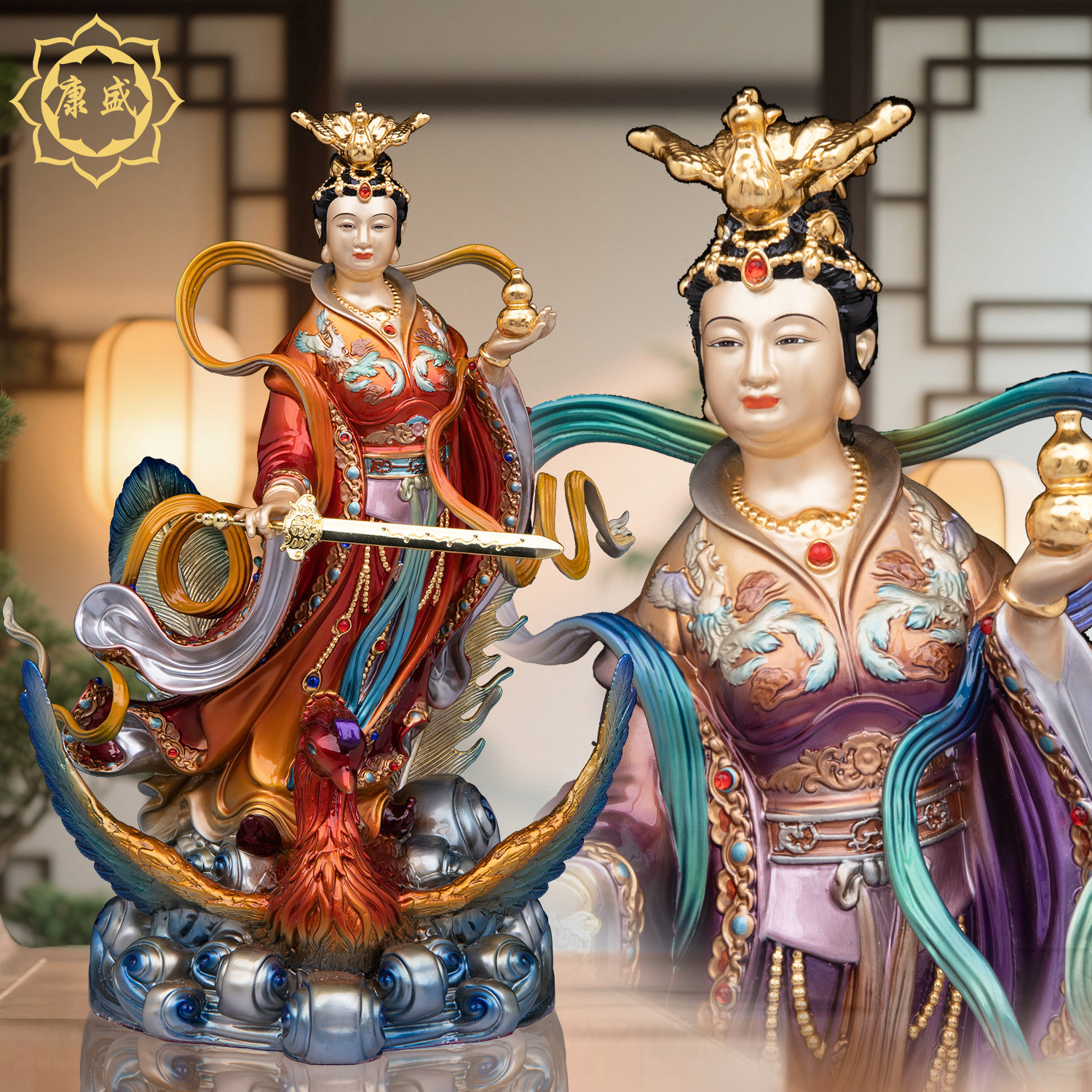 九天玄女神像全铜彩绘九天圣母娘娘站像玄母天尊佛像供奉摆件