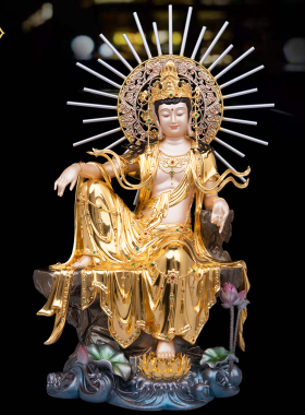 台湾铜贴金自在观音菩萨佛像坐像全铜观世音佛像中式家用供奉摆件